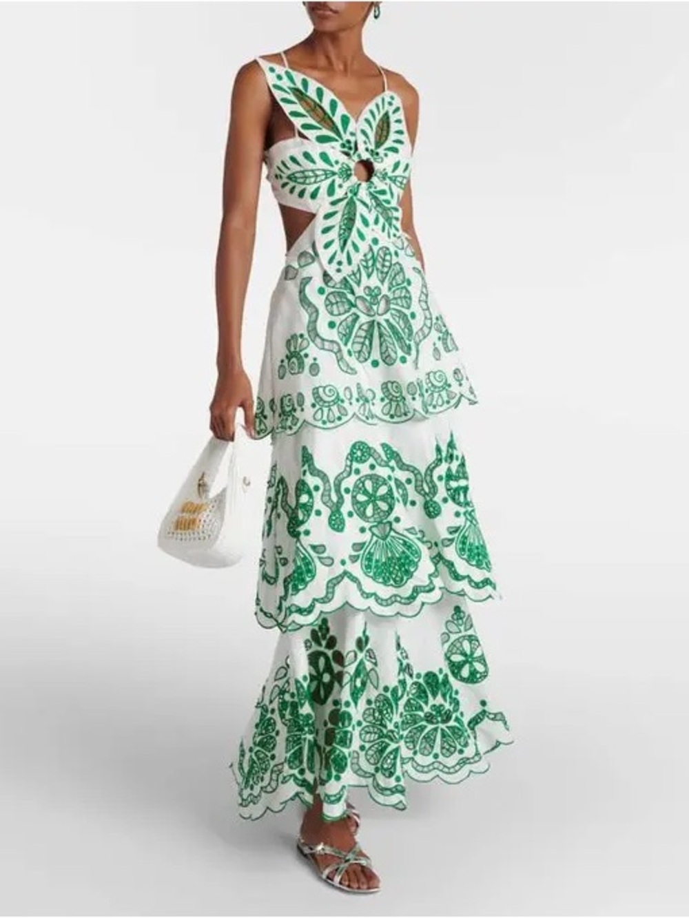 Farm Rio white green 3D flower embroidered Richelieu linen midi dress